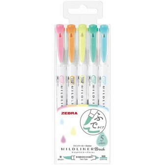 Zebra mildliner brushpen set 5 stuks - pastel colors