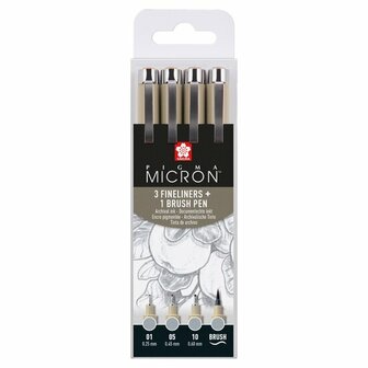 Pigma Micron set 3 fineliners + 1 brushpen licht koelgrijs