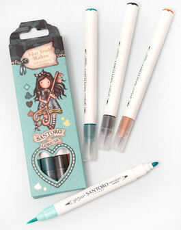 Gorjuss Fibre brush markers Blues, black, brown - Wonderland nr. 10