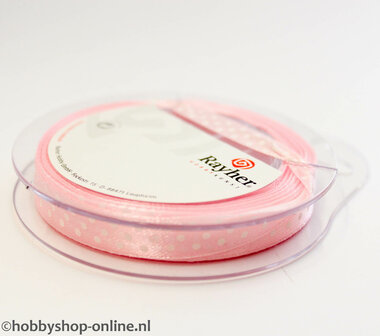 Satijnlint met stippen 9,5 mm rose 10 meter