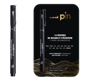 Uni Pin fineliner set blik zwart 14 stuks