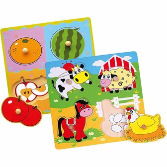 VIGA houten legpuzzels met knoppen, fruit en boerderijdieren, 2x4 delen, afm 22x22 cm, 2 onderdelen/ 1 set