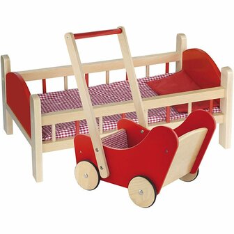 VIGA poppenbed en houten poppenwagen, rood, 2 onderdelen/ 1 set