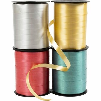 Cadeaulint, rood, zilver, goud, groen, B: 10 mm, glossy, 4x250 m/ 1 doos