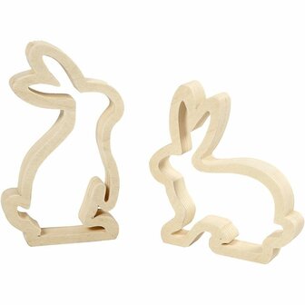 Paashazen hout - Houten paashazen decoratie - Triplex paashaas figuren - DIY paasdecoratie - Licht hout figuren - Paashaas decor - 14x13 cm - 2 stuks