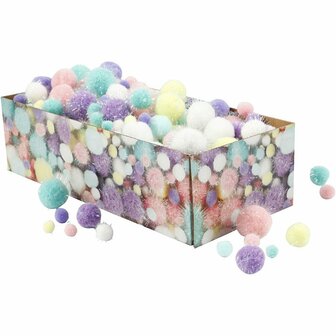 Pom-poms, pastelkleuren, d 15-40 mm, glitter, 400 gr/ 1 doos