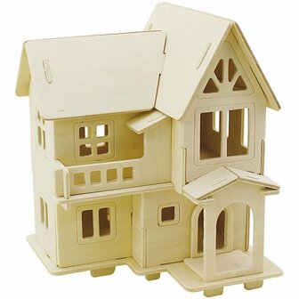 3D Houten constructie set, Huis met balkon, afm 15,8x17,5x19,5 , 1 stuk