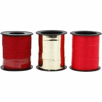 Cadeaulint, goud, rood, rood glitter, B: 10 mm, 3x15 m/ 1 doos