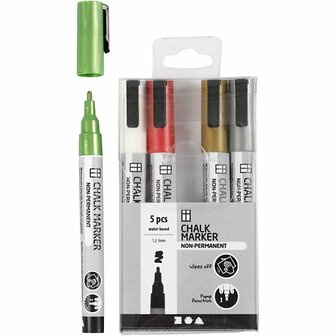 Chalk Markers Metallic Kleuren &ndash; Niet-Permanente Krijtstiften Voor Krijtborden, Ramen En Glas &ndash; Waterbasis Krijtmarkers Voor Schilderen Op Spiegel, Plastic En Papier &ndash; 1,2-3mm Lijndikte &ndash; 5 Stuks