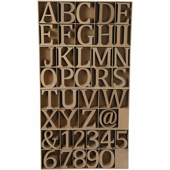 Houten letters, cijfers en tekens, H: 8 cm, dikte 1,5 cm, 240 stuk/ 1 doos