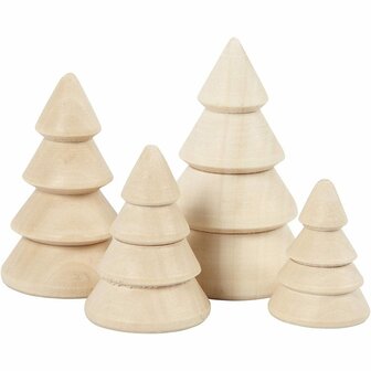 Kerstbomen van hout, H: 3,3+4,3+5,3+6,3 cm, d 2,3+3+3,2+4 cm, 4 stuk/ 1 doos