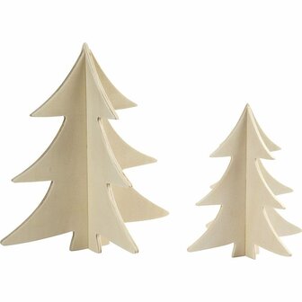 Kerstbomen Hout - H: 13+18 cm - Set van 2 Stuks - Triplex - 3D Kerstbomen - DIY Knutselproject