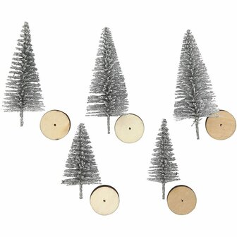 Miniatuur Kerstbomen - Zilveren Kerstbomen - DIY Kerstversiering - Mini Kerstbomen Zilver - 4-6 cm - Set van 5 Stuks