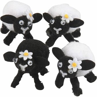 Zwart-Witte Lammetjes - Chenille Lammetjes met Wiebelogen - DIY Dieren Figuren - Knutsel Lammetjes - Decoratieve Mini Lammetjes - 3,5 cm - 4 Stuks