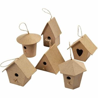 Mini Vogelhuisjes - Kleine vogelhuisjes - Little Birdhouse - Decoratie - Knutselen - Papier-Mach&eacute; - Handgemaakt - Jute Ophanglus - H: 7 cm - 6 Stuks