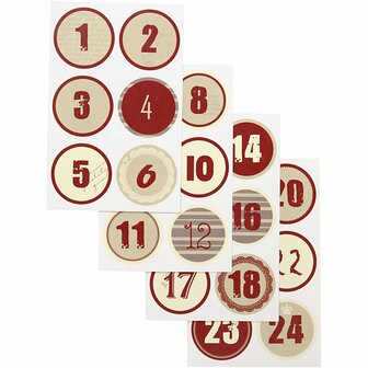 Kerstkalender cijfer stickers - d: 4 cm - 9x14 cm - 4 diverse vellen