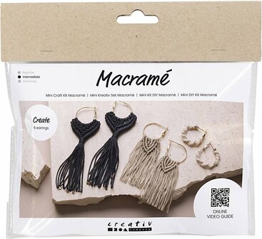 Mini Hobbyset Macram&eacute; - zwart - olijfbruin - zandkleur - Oorbellen