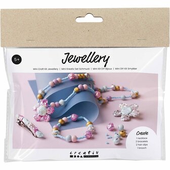 Mini Hobbyset Sieraden, Halsketting, armband, clips, broche, blauw, lichtblauw, pastel roze, 1 doos