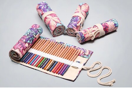 Roletui - Oprolbare Etui - Schooletui - Etui voor potloden, pennen, stiften, kwasten, make up - Canvas - Bloemenprint - 23x12cm - 12 gaten