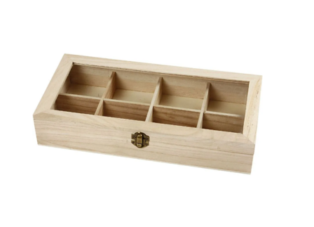 Houten Vakken Doos - Doos Met Glazen Deksel - Afm. 32x16x6cm - 8 Vakken In 2 Maten - Creotime - 1 stuk