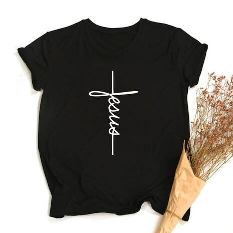 Vulkaan Bang om te sterven vezel T-shirt - Dames - Zwart - Christelijk - Witte Tekst Jesus Kruisvorm - Mt M  - Creatieve Materialen
