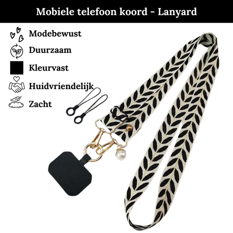 Zwart met witte lanyard mobiele telefoonkoord