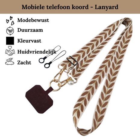 Lichtbruin met wit lanyard mobiele telefoonkoord