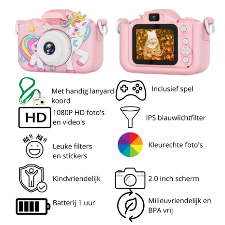 Kindercamera - Camera Voor Kinderen - Kinder Fotocamera - Speelgoedcamera -1080p HD - Roze Unicorn