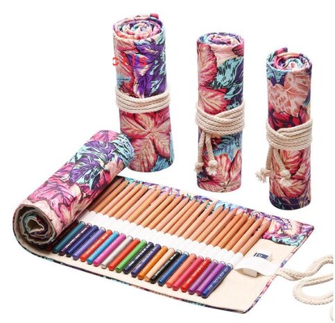 Roletui - Oprolbare Etui - Schooletui - Etui voor potloden, pennen, stiften, kwasten, make up - Canvas - Bloemenprint - 23x12cm - 12 gaten