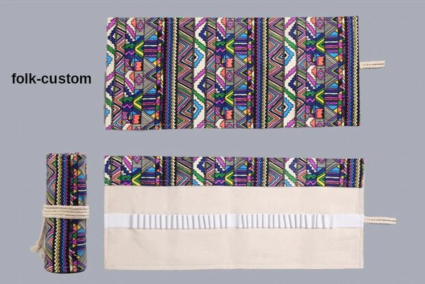 Roletui - Oprolbare Etui - Schooletui - Etui voor potloden, pennen, stiften, kwasten, make up - Canvas - Zwarte Etui Met Kleurrijke Geometrische Print - 23x12cm - 12 gaten