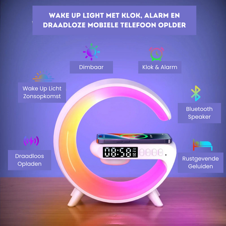 Wake Up Light - Draadloze Telefoon Oplader - Wekker - Muziek En Rustgevende Slaap Geluiden - Wekker Met Lichtfunctie